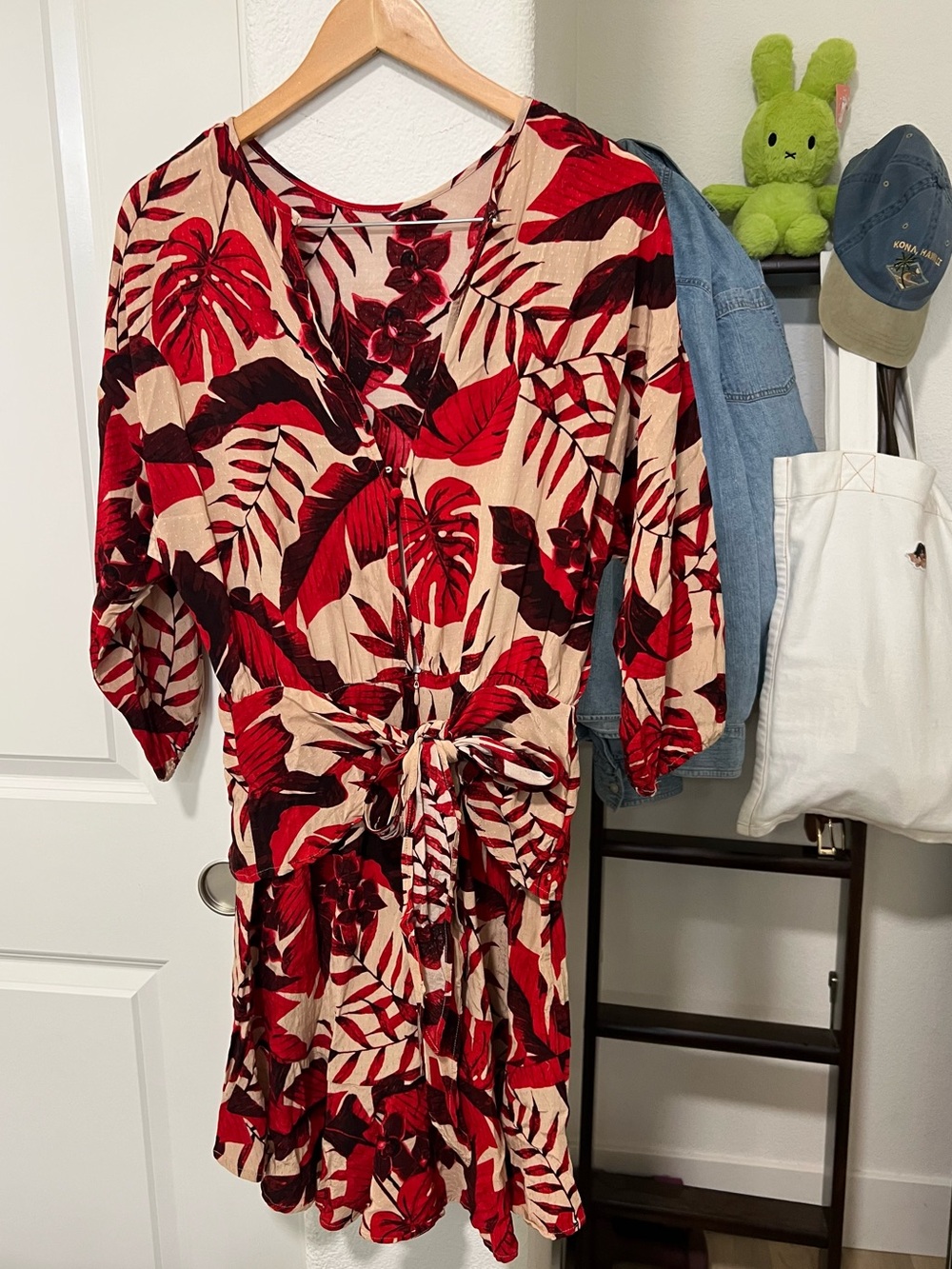 H&M X Johanna Ortiz Red Tropical Leaf Print Mini Dress - Picture 8 of 12